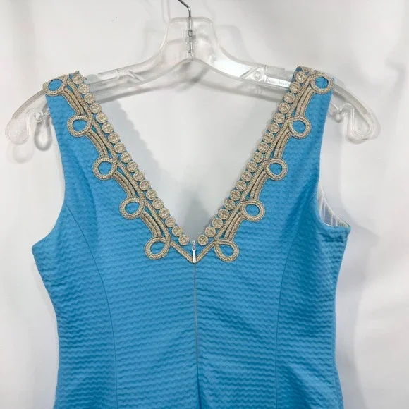 Lilly Pulitzer Size 00 Sheath Dress Sleeveless Textured Gold Trim Blue 797